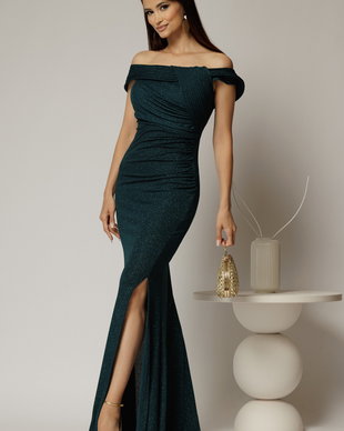 Rochie lunga verde de seara din lycra cu sclipici si design atipic