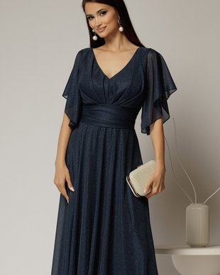 Rochie midi bleumarin din voal cu sclipici si decolteu in V