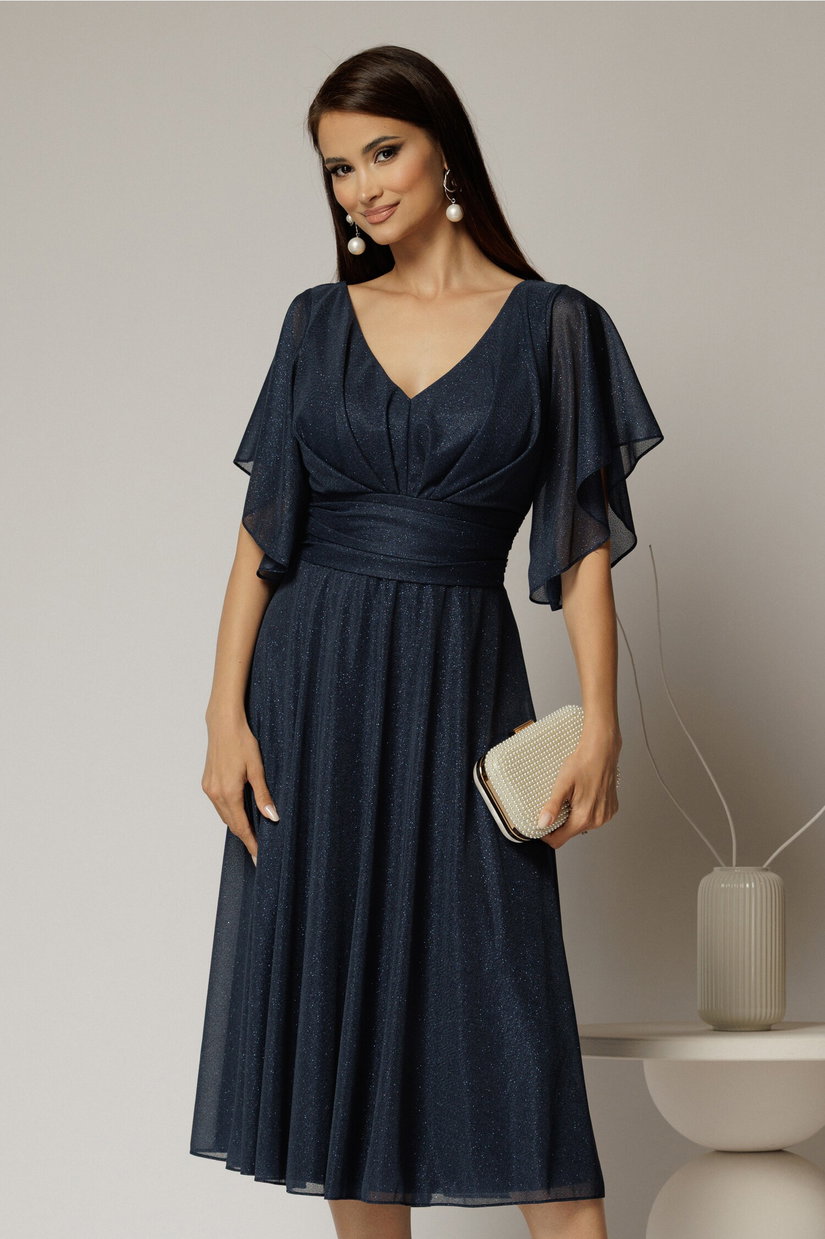 Rochie midi bleumarin din voal cu sclipici si decolteu in V