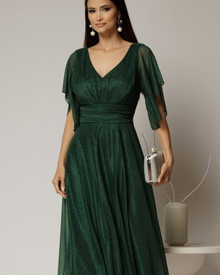 Rochie midi verde din voal cu sclipici si decolteu in V