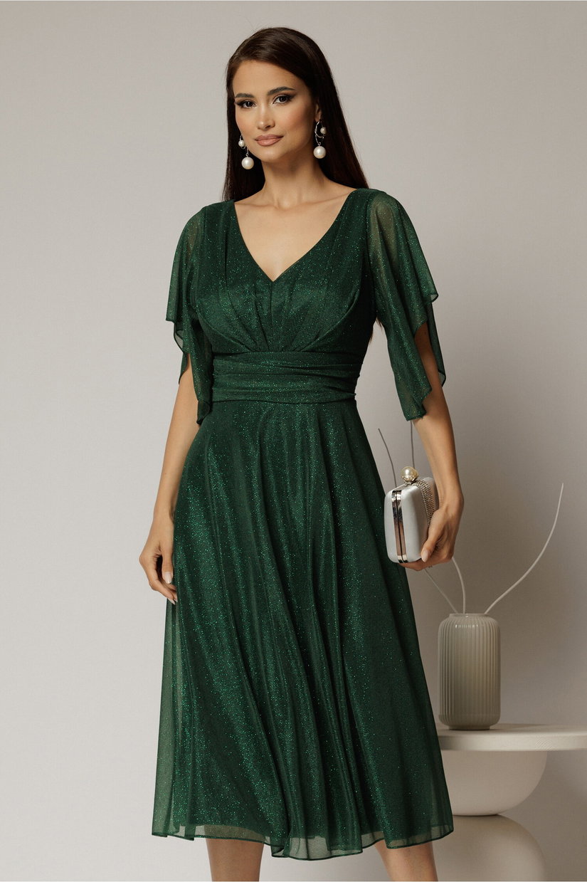 Rochie midi verde din voal cu sclipici si decolteu in V