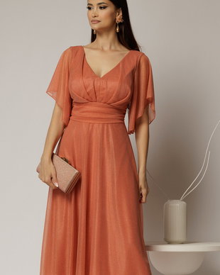 Rochie midi roz somon din voal cu sclipici si decolteu in V