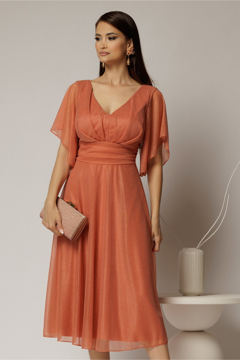 Rochie midi roz somon din voal cu sclipici si decolteu in V