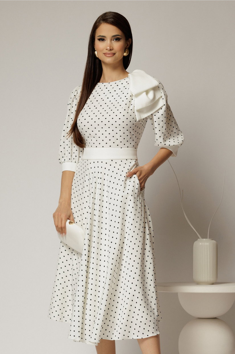 Rochie DY Fashion midi alba cu buline si funda ampla pe umar