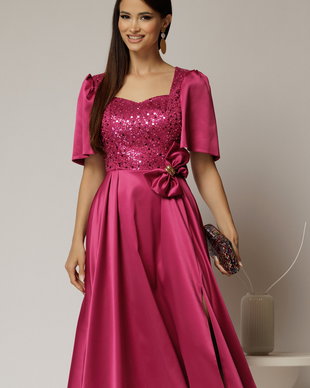 Rochie midi magenta din tafta si paiete cu funda ampla pe talie