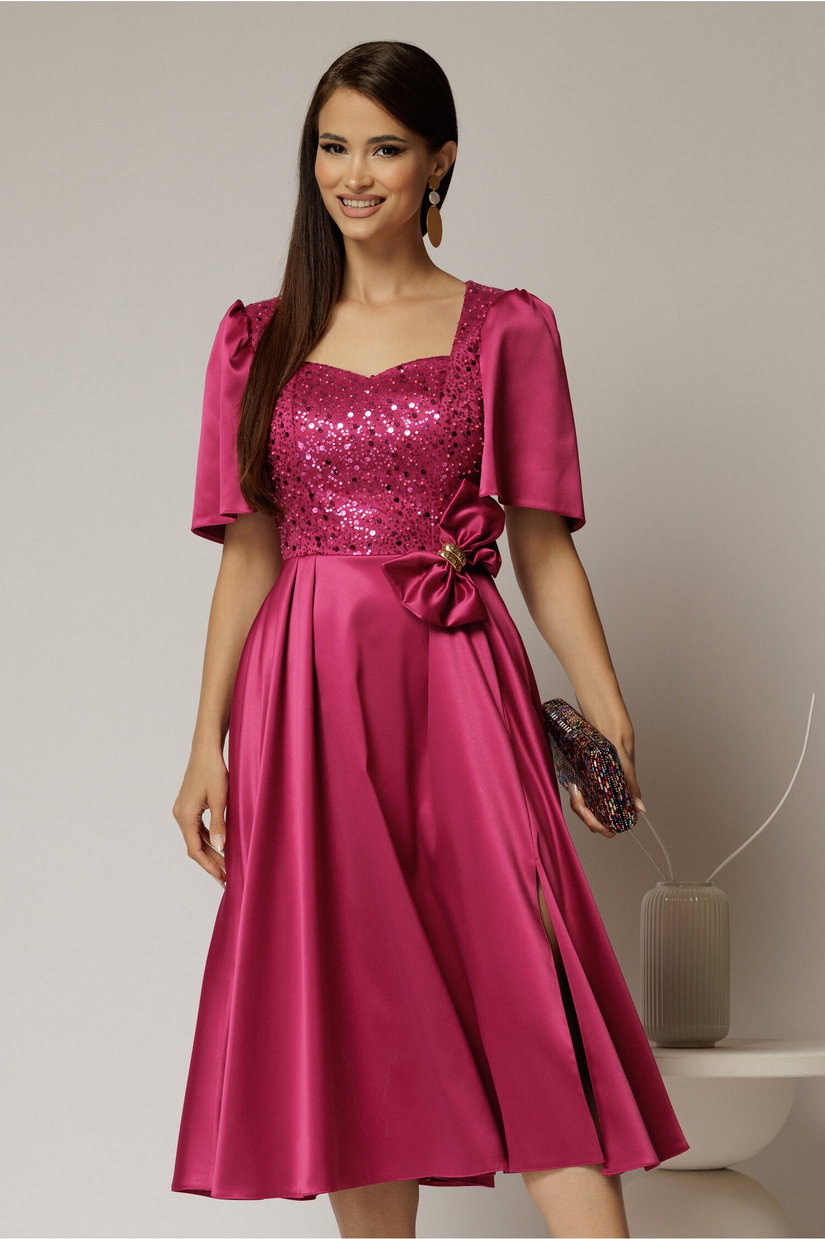 Rochie midi magenta din tafta si paiete cu funda ampla pe talie