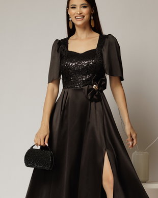 Rochie midi neagra din tafta si paiete cu funda ampla pe talie