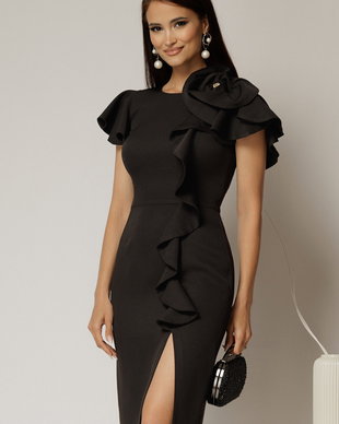 Rochie midi neagra conica cu volanase si floare ampla pe umar