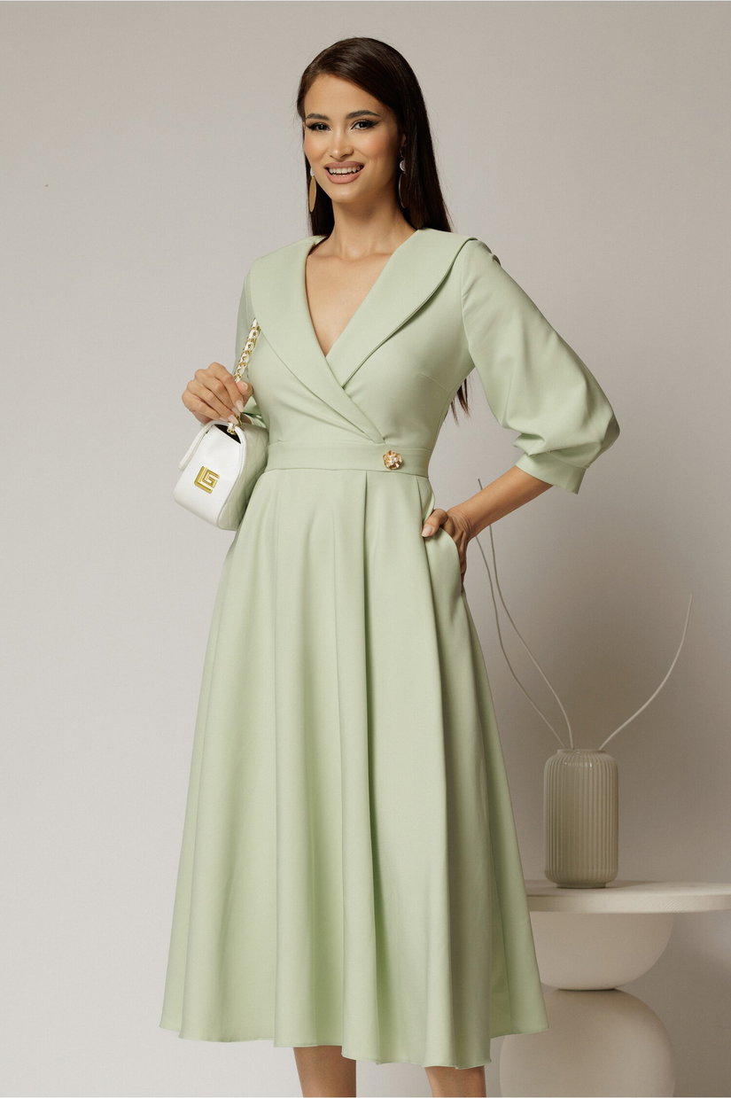 Rochie office de ocazie din stofa verde fistic cu bust petrecut si rever