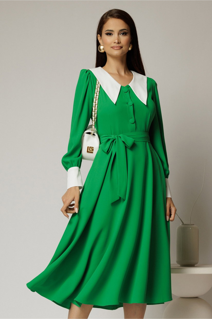 Rochie DY Fashion midi verde cu guler si mansete in contrast