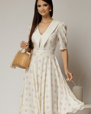 Rochie DY Fashion midi din triplu voal cu buline si guler ascutit si nasturi la maneci