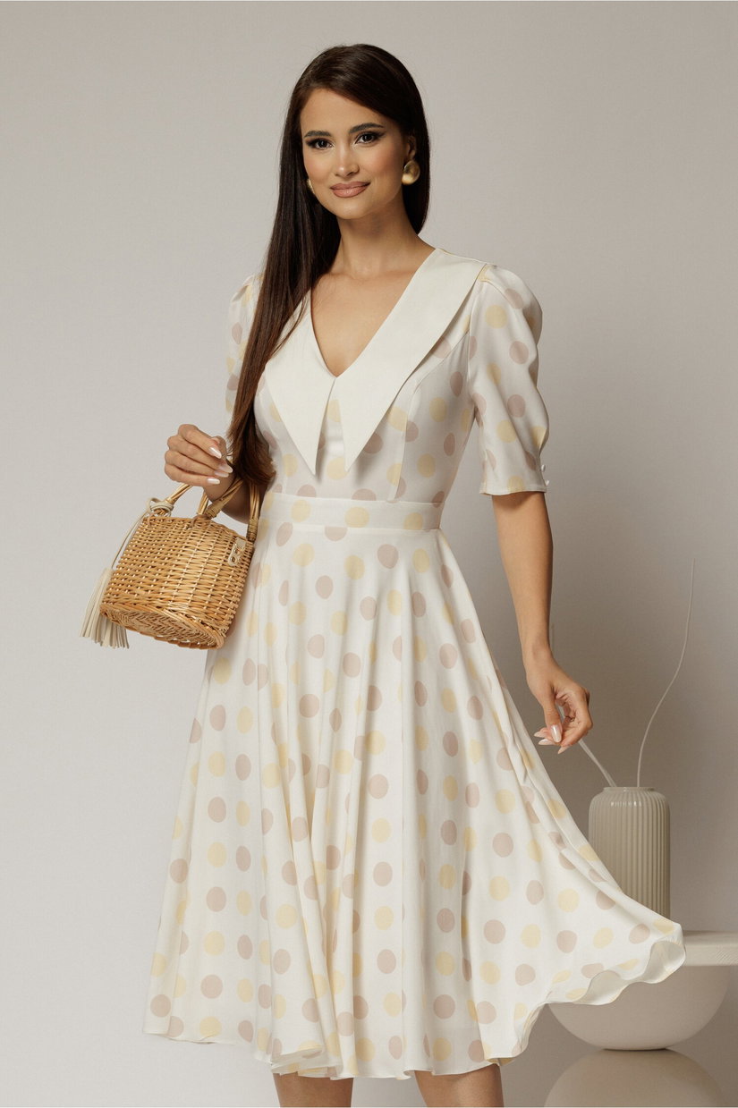 Rochie DY Fashion midi din triplu voal cu buline si guler ascutit si nasturi la maneci