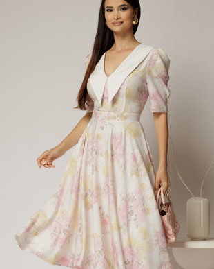Rochie DY Fashion midi din triplu voal cu print roz galben si guler ascutit si nasturi la maneci