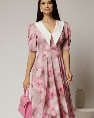Rochie DY Fashion midi din triplu voal cu print roz si guler ascutit si nasturi la maneci