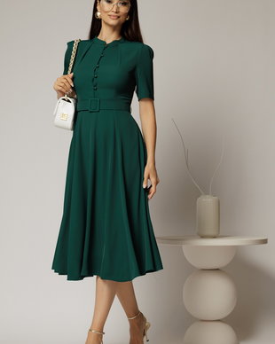 Rochie DY Fashion midi verde inchis in clos din triplu voal cu nasturi la bust si curea in talie