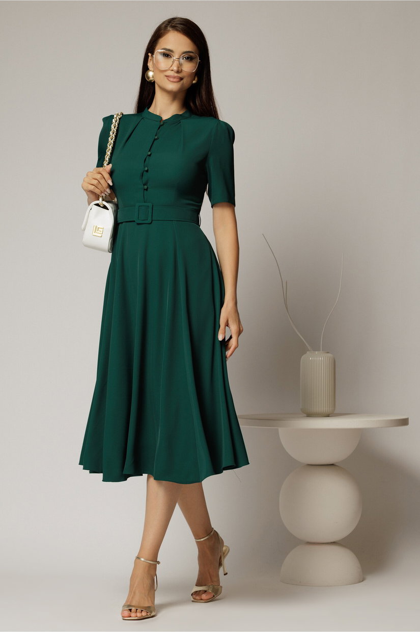 Rochie DY Fashion midi verde inchis in clos din triplu voal cu nasturi la bust si curea in talie