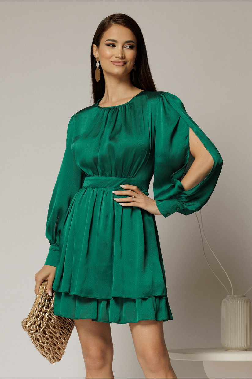 Rochie DY Fashion verde scurta din voal cu manecile sparte si fusta suprapusa