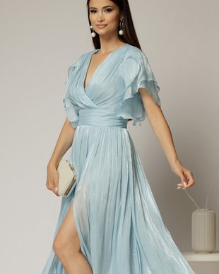 Rochie DY Fashion midi bleu cu manecile suprapuse si decolteu petrecut