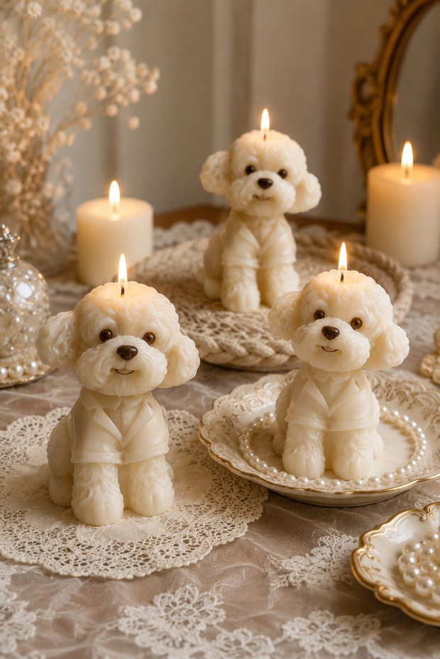 Maison Puppy - Set 3 Lumanari Catelusi din Ceara Naturala de Soia, Arome Fine Inspirate de Parfumeria Franceza, Ambalaj Cadou Premium