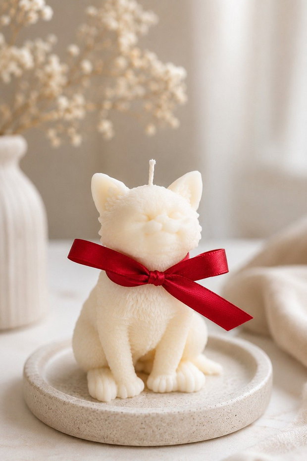 Lumanare decorativa Pisica Eleganta cu Fundita Rosie, ceara naturala parfumata, decor cozy & cadou premium