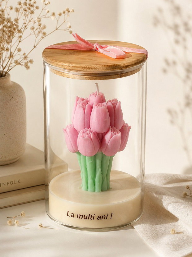 Petale Couture | Lumanare decorativa tip buchet de lalele din ceara naturala | Cadou personalizat elegant | Ambalaj cadou inclus