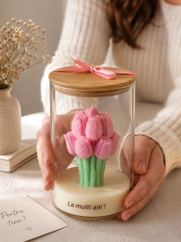 Petale Couture | Lumanare decorativa tip buchet de lalele din ceara naturala | Cadou personalizat elegant | Ambalaj cadou inclus