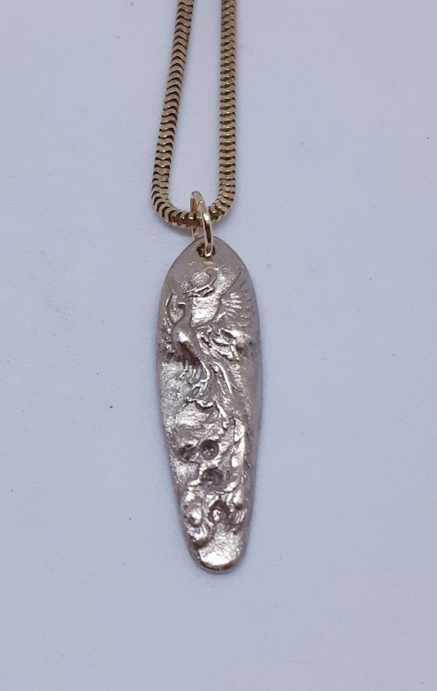 Pandantiv unicat din bronz, oval, cu un phoenix si zirconii galbene