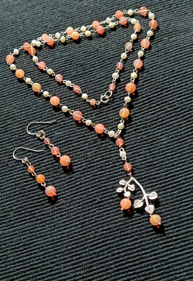 Set argint opal de foc etiopian roz perle naturale de cultura charm argint ramura colier cercei boho chic trendy