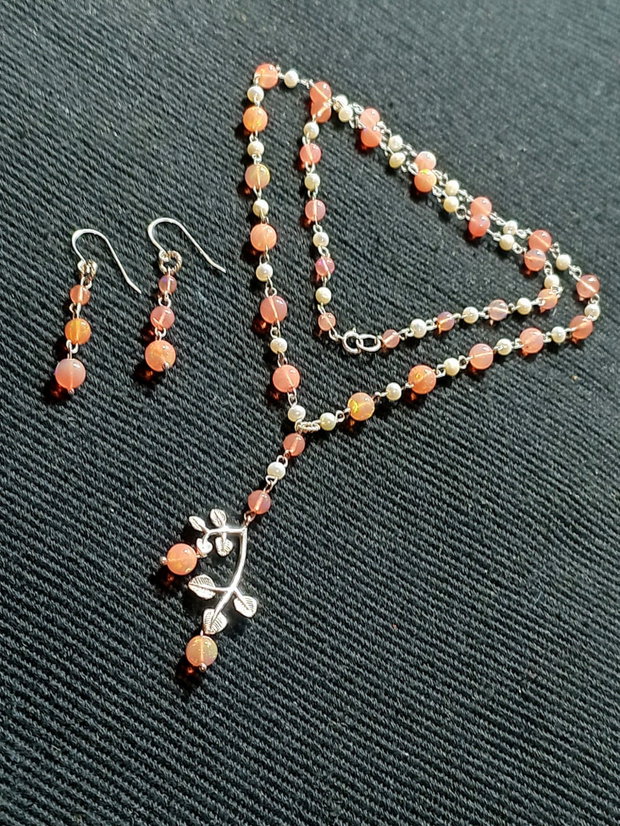 Set argint opal de foc etiopian roz perle naturale de cultura charm argint ramura colier cercei boho chic trendy