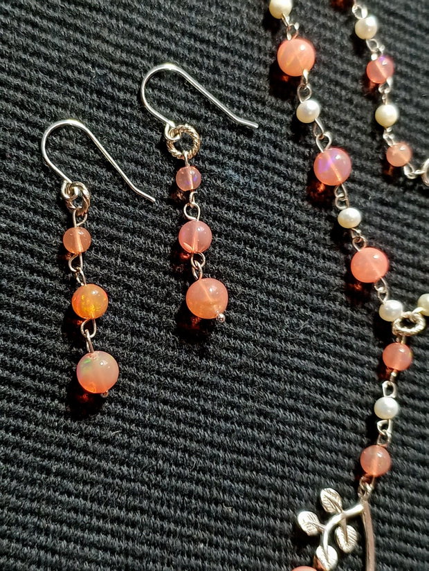 Set argint opal de foc etiopian roz perle naturale de cultura charm argint ramura colier cercei boho chic trendy