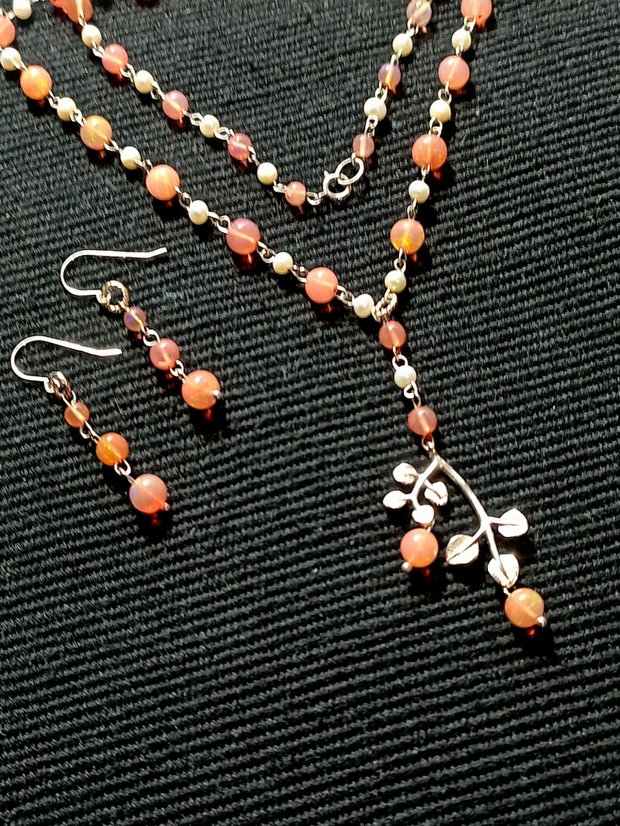 Set argint opal de foc etiopian roz perle naturale de cultura charm argint ramura colier cercei boho chic trendy