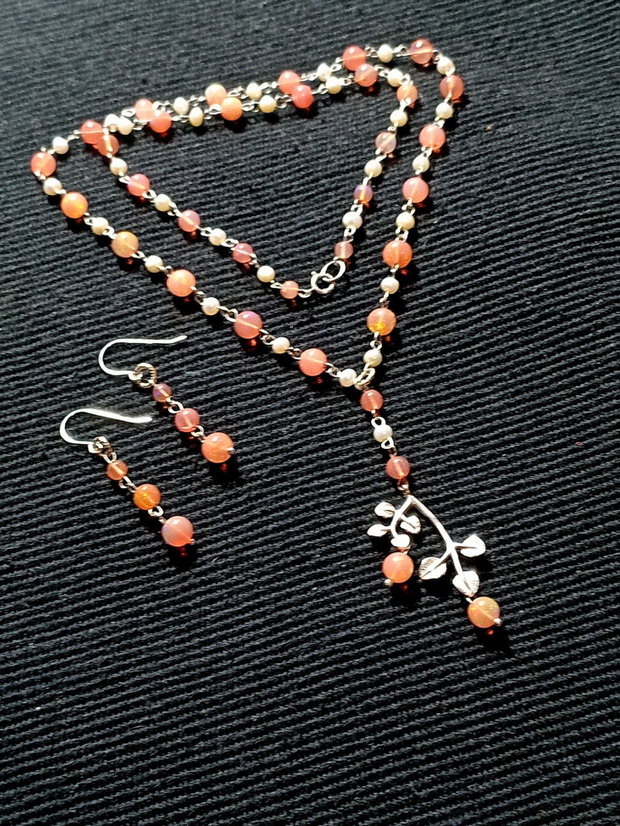 Set argint opal de foc etiopian roz perle naturale de cultura charm argint ramura colier cercei boho chic trendy