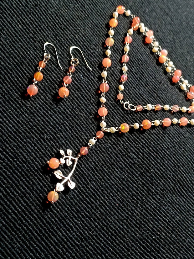Set argint opal de foc etiopian roz perle naturale de cultura charm argint ramura colier cercei boho chic trendy