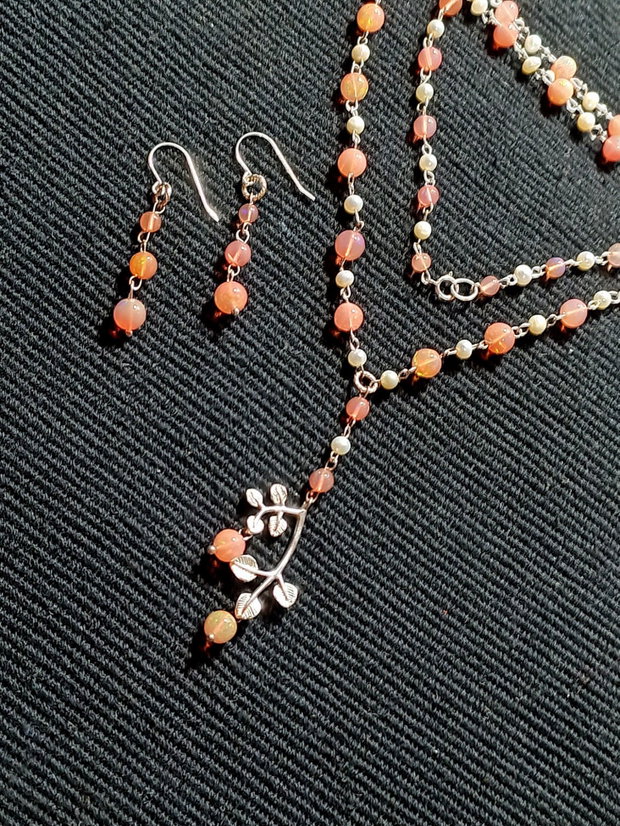 Set argint opal de foc etiopian roz perle naturale de cultura charm argint ramura colier cercei boho chic trendy