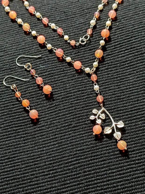 Set argint opal de foc etiopian roz perle naturale de cultura charm argint ramura colier cercei boho chic trendy