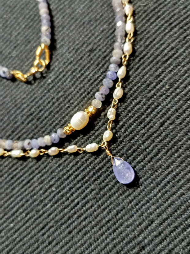 Colier vermeil tanzanit perle naturale de cultura boho chic trendy