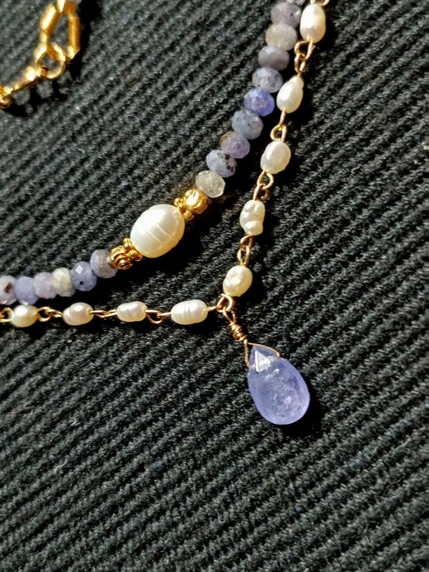 Colier vermeil tanzanit perle naturale de cultura boho chic trendy