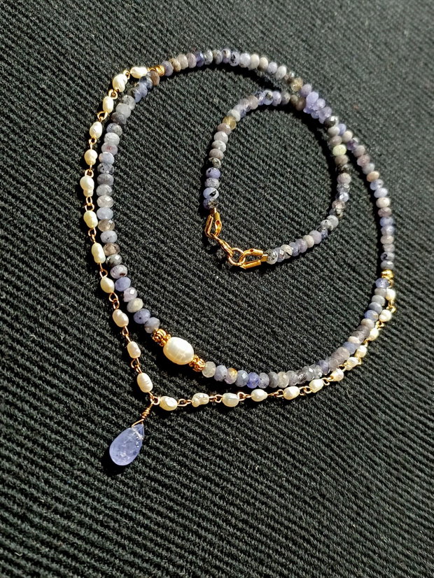 Colier vermeil tanzanit perle naturale de cultura boho chic trendy