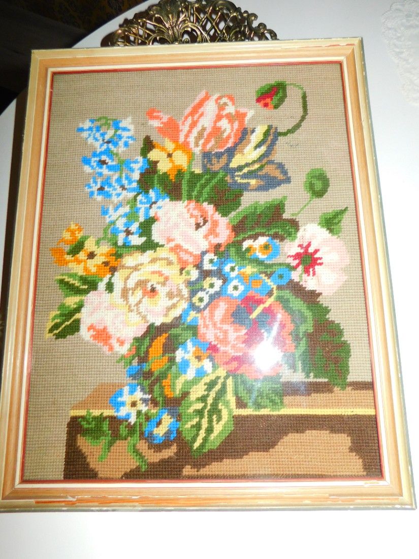 Tablou vintage cusut, goblen, fir lina mai gros, vintage, cusut de bunica mea,