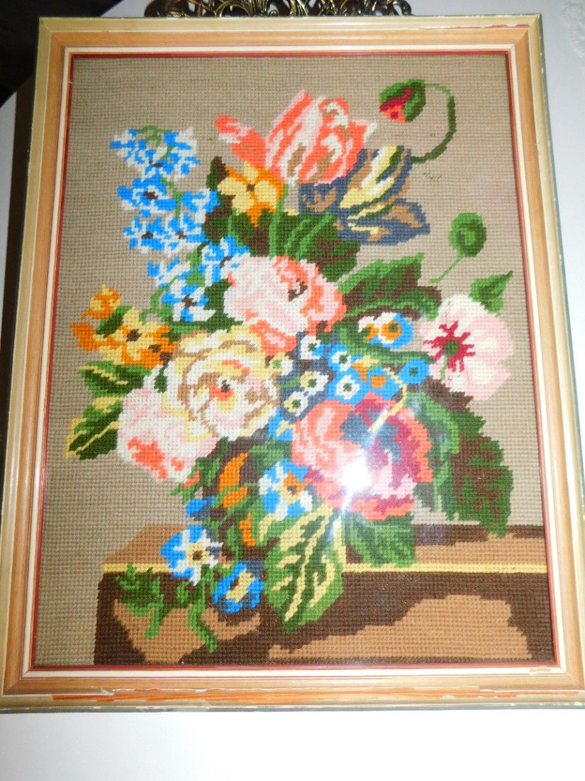 Tablou vintage cusut, goblen, fir lina mai gros, vintage, cusut de bunica mea,