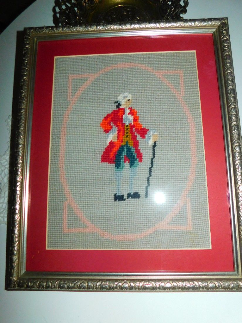 Tablou cusut tip goblen, vintage, in passe partout, rama noua, reconditionata de mine,