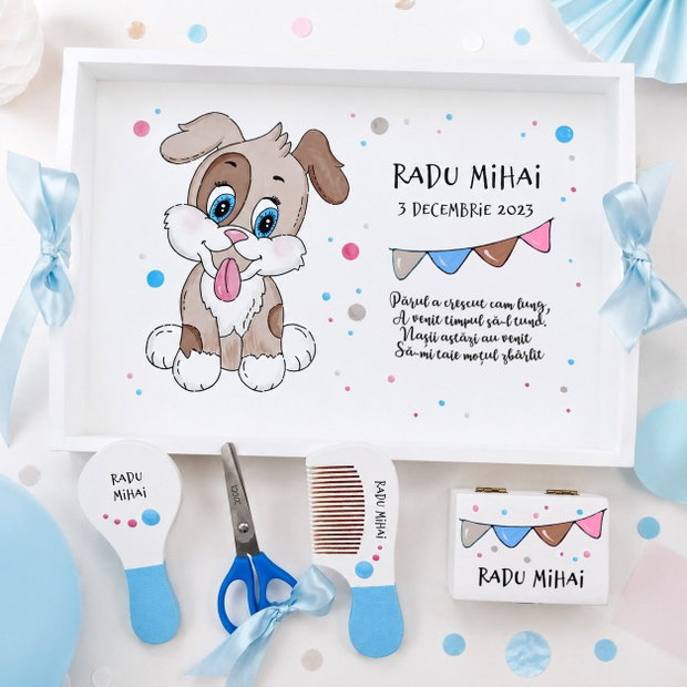 Tava taierea motului catel pictata manual personalizata, set prima aniversare