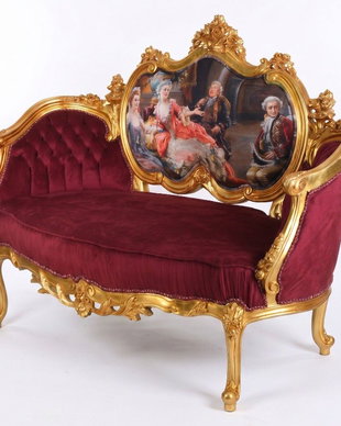 Sofa baroc din lemn auriu cu tapiterie catifea burgund