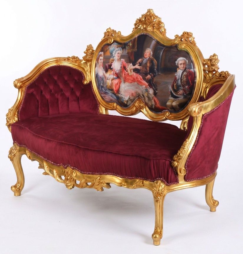 Sofa baroc din lemn auriu cu tapiterie catifea burgund