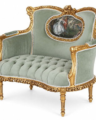 Sofa baroc din lemn auriu cu tapiterie catifea verde salvie