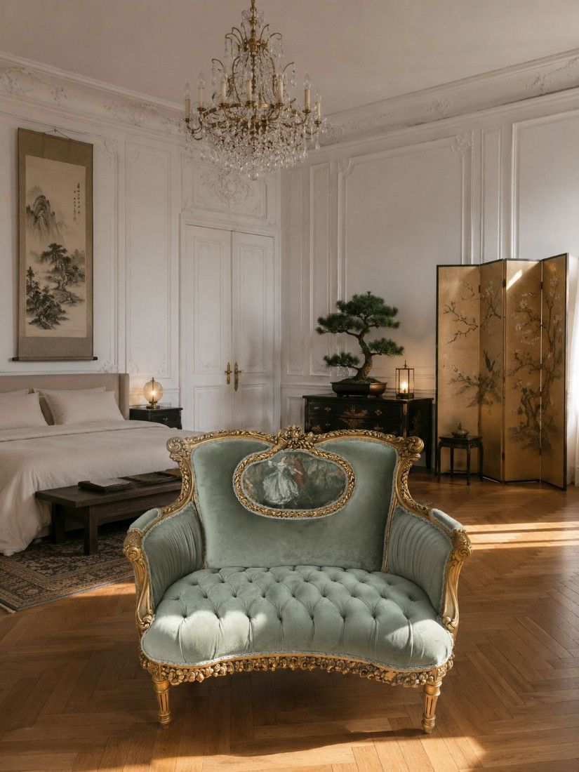 Sofa baroc din lemn auriu cu tapiterie catifea verde salvie