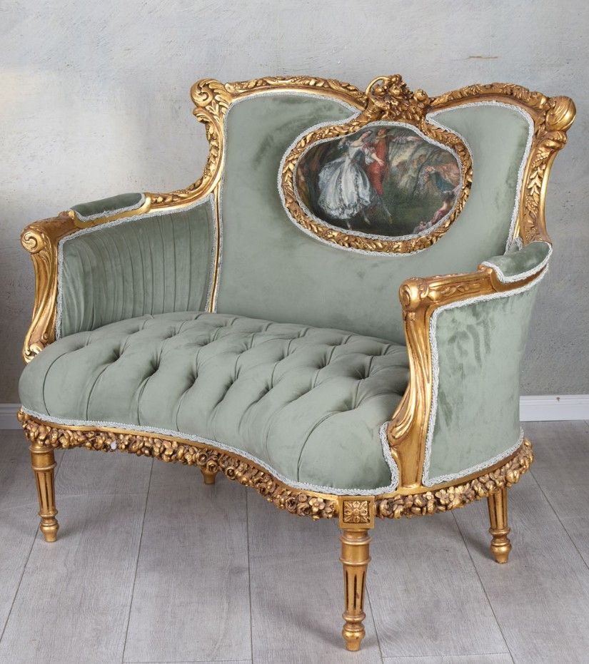 Sofa baroc din lemn auriu cu tapiterie catifea verde salvie
