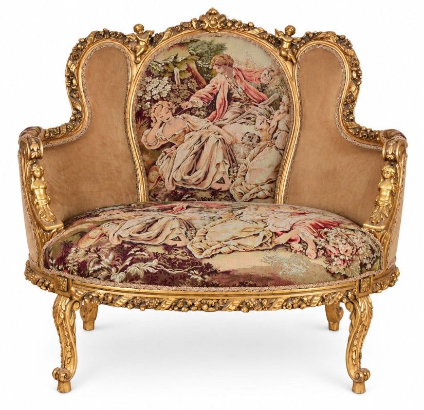 Sofa baroc din lemn auriu cu tapiterie goblen
