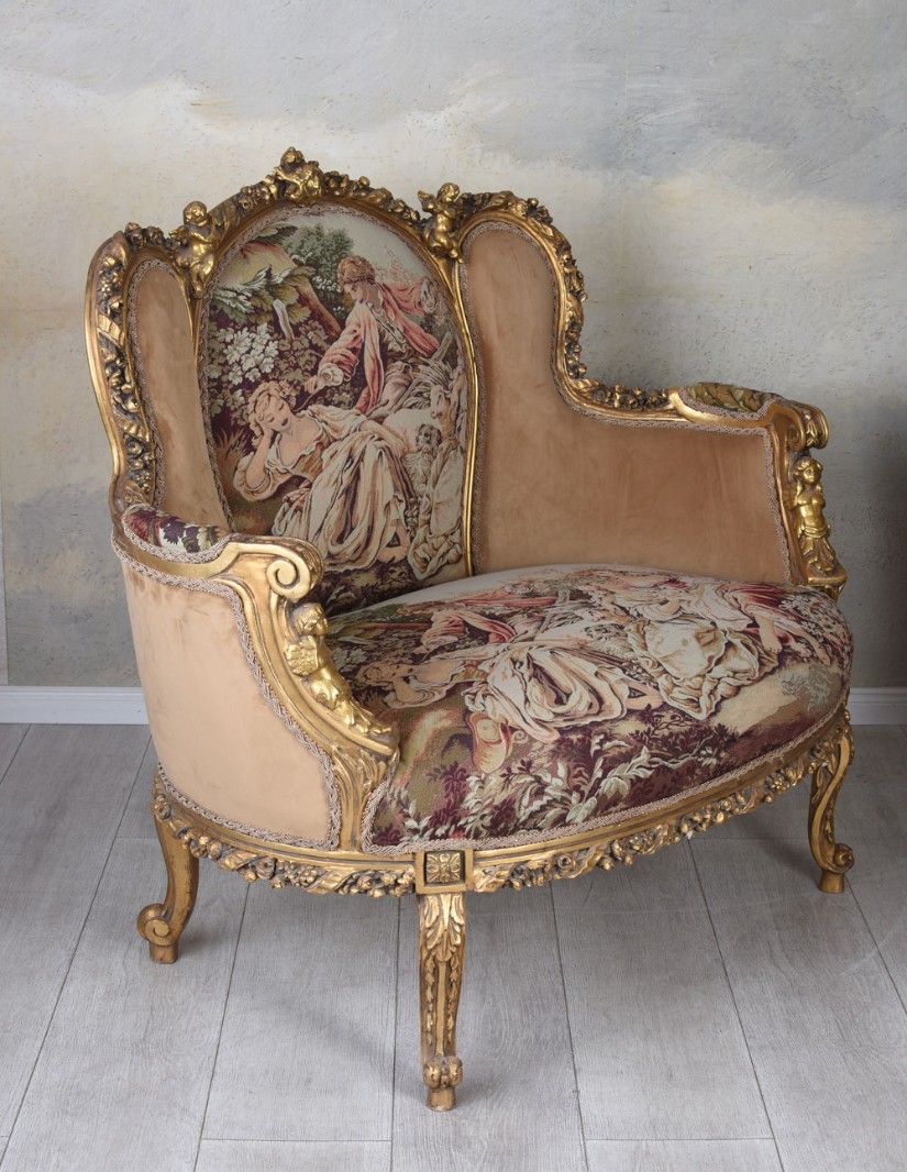 Sofa baroc din lemn auriu cu tapiterie goblen