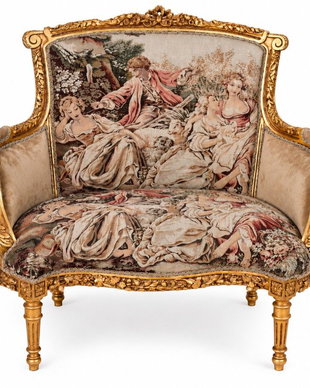 Sofa baroc din lemn auriu cu tapiterie goblen